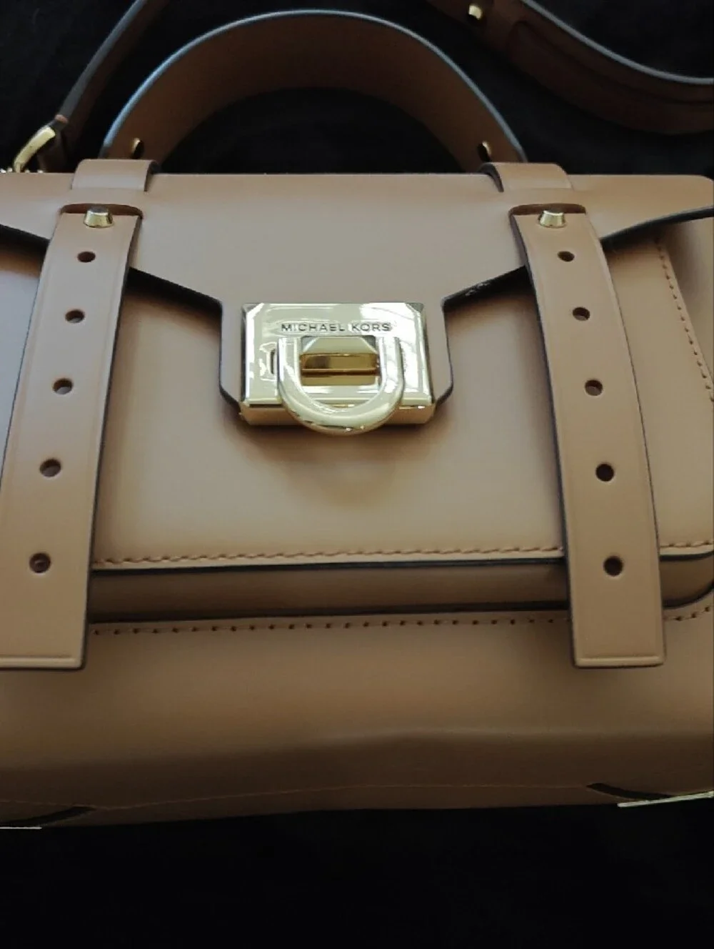 Michael Kors Carmel Colored Leather Studded Manhattan with Gold Hardware